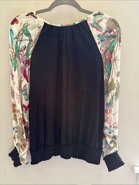 Black Blouse with Multicolor Floral-Butterfly Raglan Sleeves